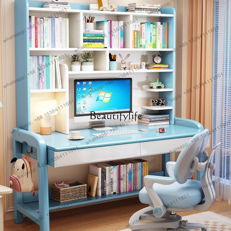 X4 Solid wood study table Bedroom can be lifted and lowered Student writing table Study room with bookshelf Simple