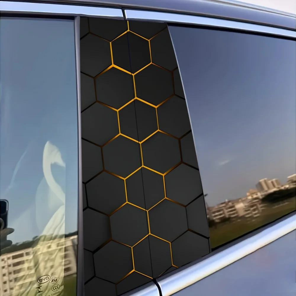2-Piece Sci-fi-themed B-pillar Sticker Waterproof Yellow Hexagonal Honeycomb Pattern Self-adhesive for Glass and Metal Surfaces