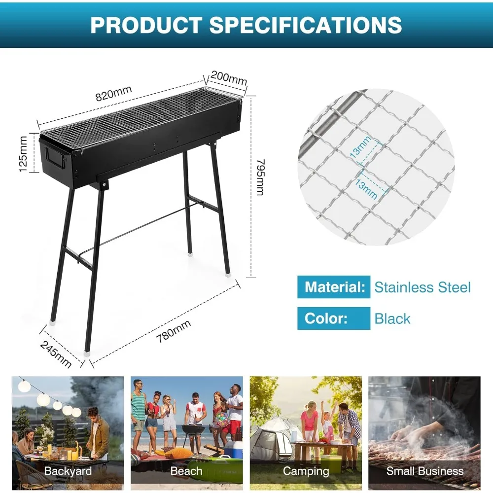 Portable charcoal grill 32 inches, black folding stainless steel grill, big lamb grill, suitable for terrace