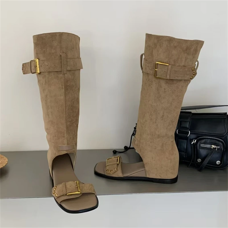 

Eilyken Summer Spring Square Toe Buckle Strap Knee-high Boots Sandals Women Vintage Wedges Low Heels Booties Zapatos De Mujer