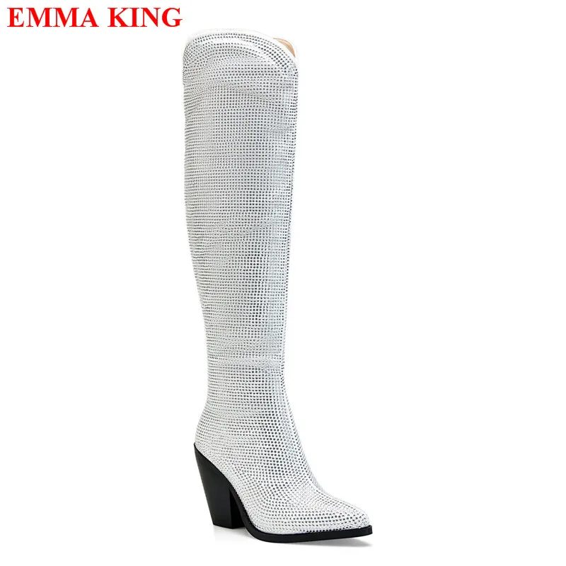 Winter Autumn Cowboy Boots Female Rhinestone Western Boots Luxury Chunky Heel Pointy Knee High Boots Black White Ladies Shoes