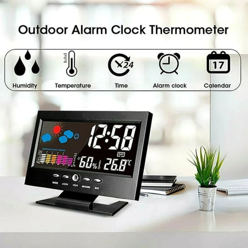 Digital LED Weather Station Temperature & Humidity Monitor With Forecast Display & Table Alarm Clock Large Screen Weather Clock