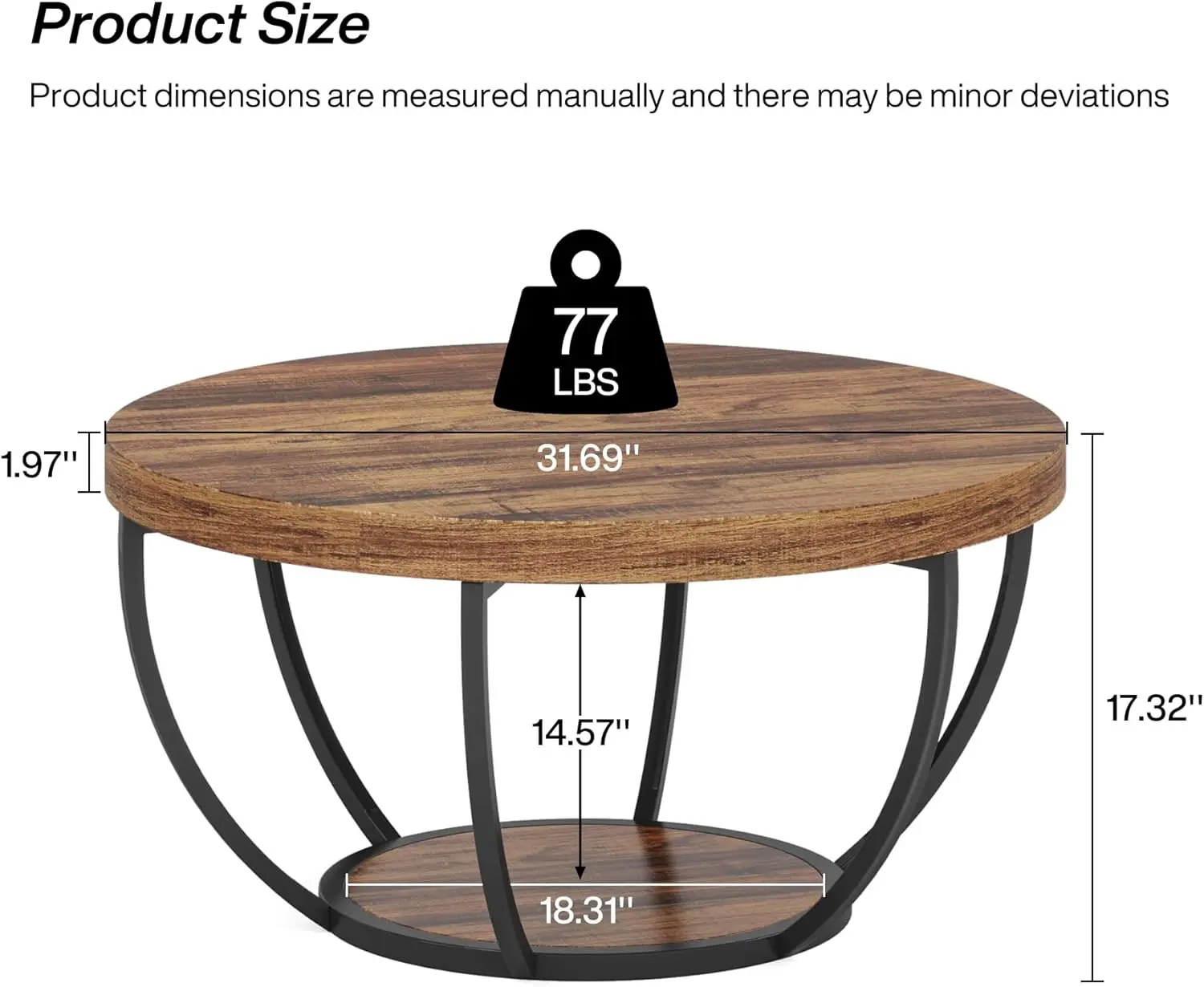 Round Coffee Table, Industrial 2-Tier Circle Coffee Table with Storage Shelves, Modern 31.7