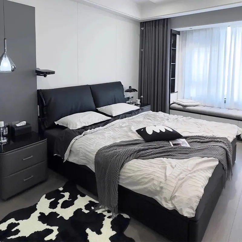 Minimalist elephant ears black leather bed modern minimalist master bedroom high-end atmosphere double soft bag villa bed