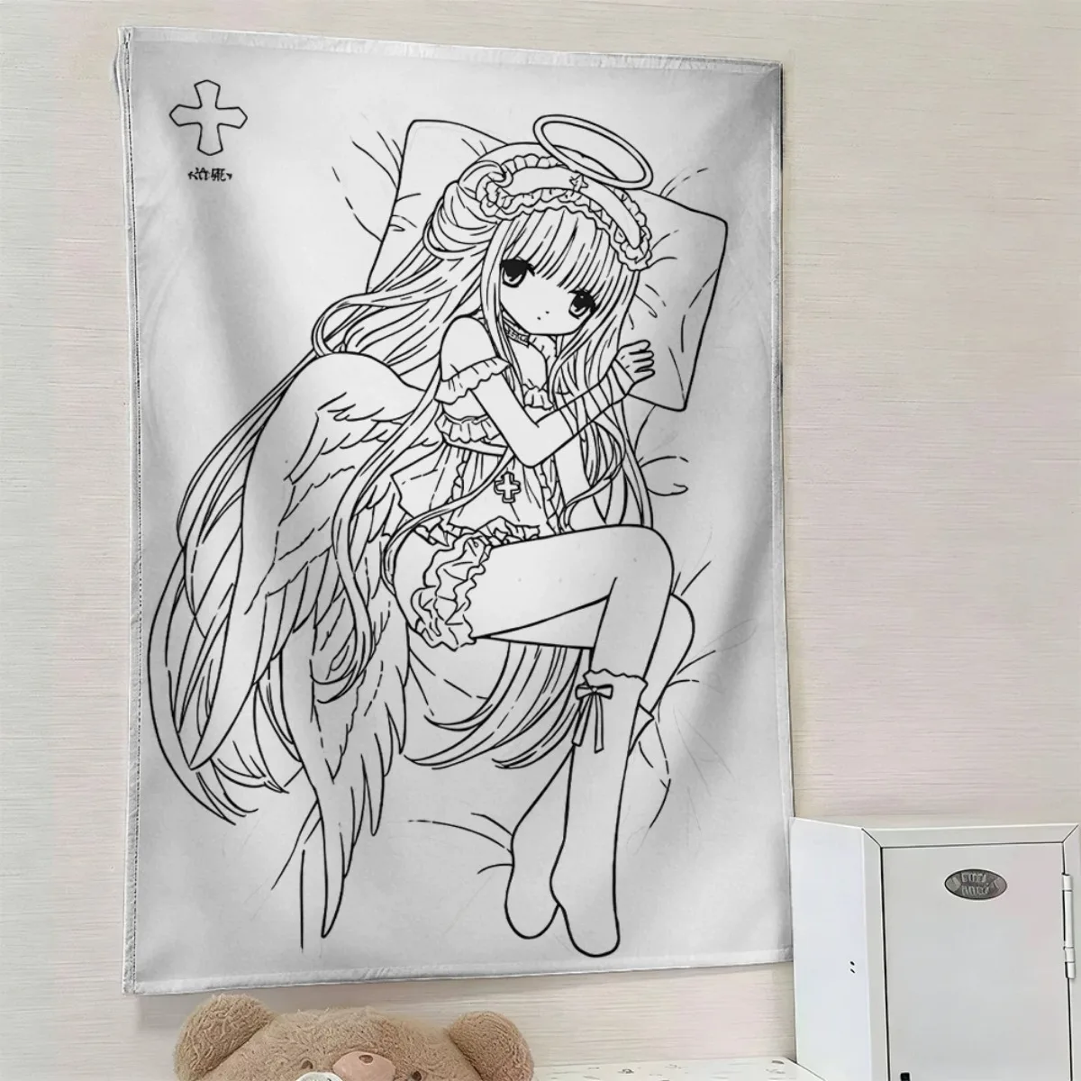 Healing Angel Anime Girl Tapestry, Black White Line Art Wall Hanging, Gothic Sweet Aesthetic Background Cloth for Bedroom Dorm