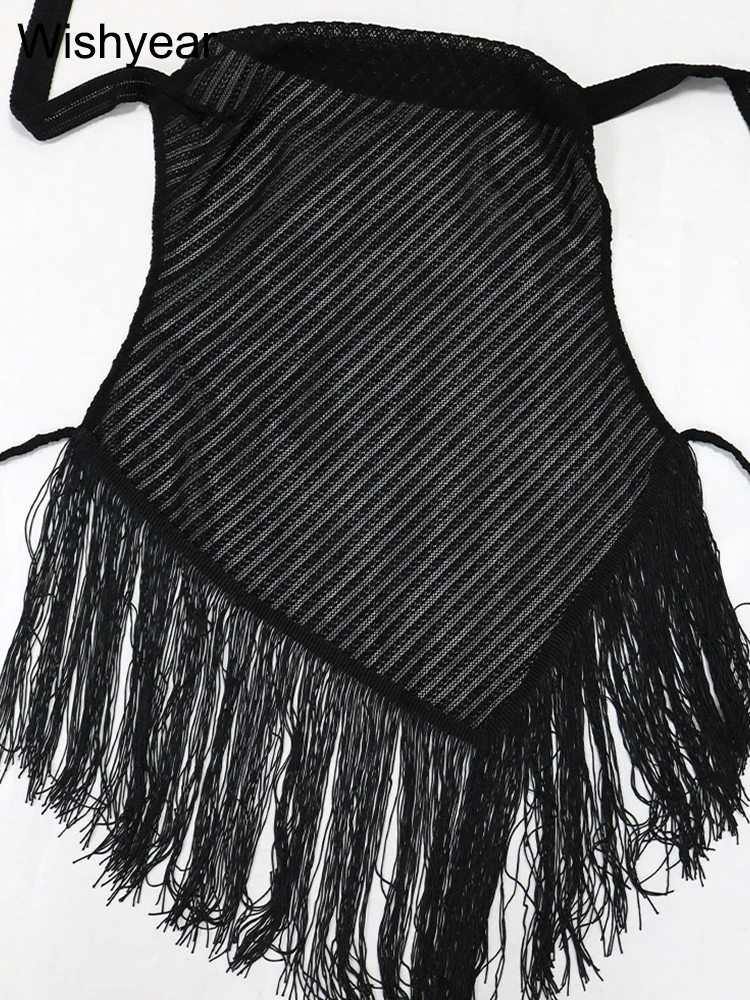 New Tassels Patchwork Two 2 Piece Women Sets Sexy Halter Crop Tops and Wide Leg Pants Matching Birthday Autumn Baddie Outfit Hot