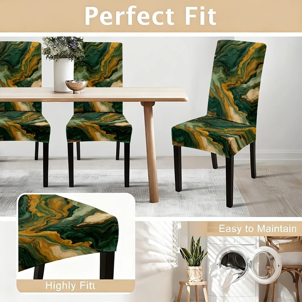 2/4/6pcs Luxury Green Gold Marble Fluid Art Print Stretch Dining Chair Cover, Removable Washable Chair Slipcover