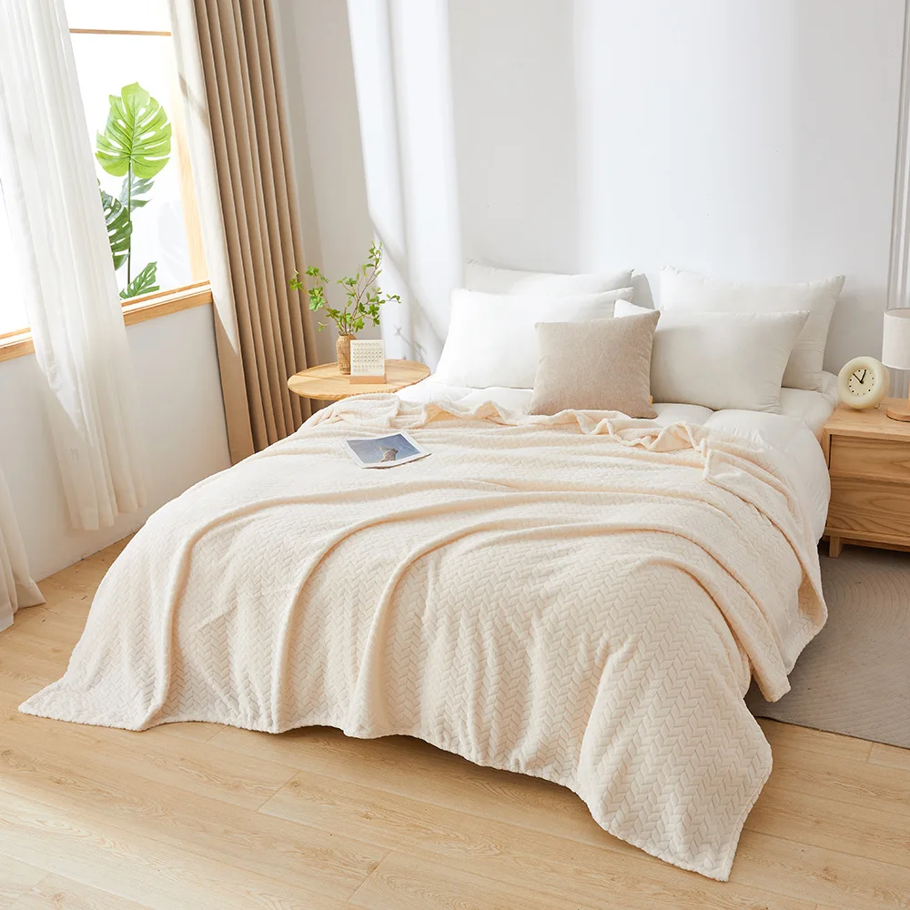 Autumn Thickened Blanket Flannel Solid Color Jacquard Throw Blanket Coral Velvet Sofa Nap Leisure Warm Shawl Blanket