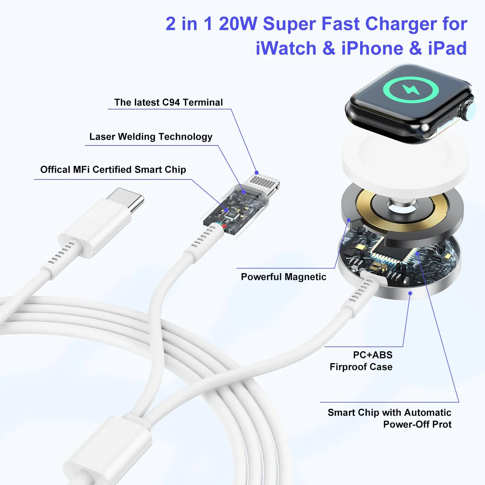 Câble de charge rapide USB Type C pour Pluies, 2 en 1, 20W, Apple iPhone 14, 13, 11, magnétique, sans fil, Apple Watch 6, 5, 4