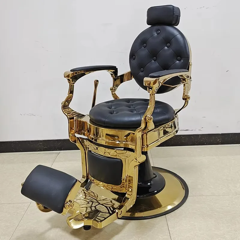Antique Style Black Gold Tufted Leather Barber Shop Styling Shaving Chair Hydraulic Pump Round Base Hairdressing Chair for Sale