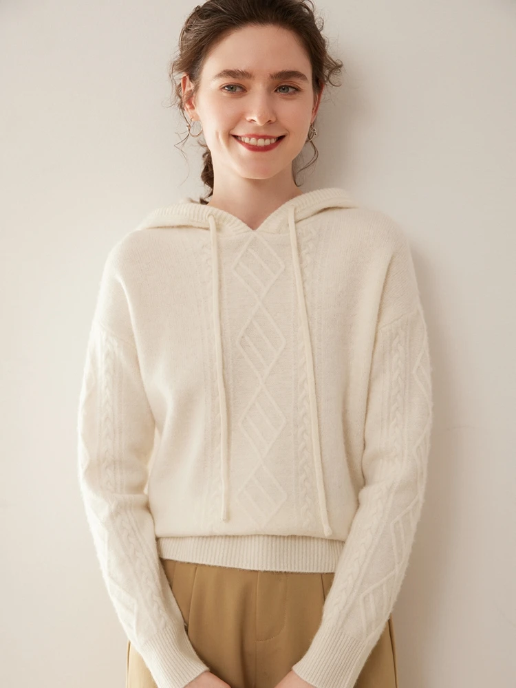 100% カシミヤ女性のパーカーソフトハイエンドシンプルカジュアル秋冬厚く暖かいニットフード付きプルオーバー