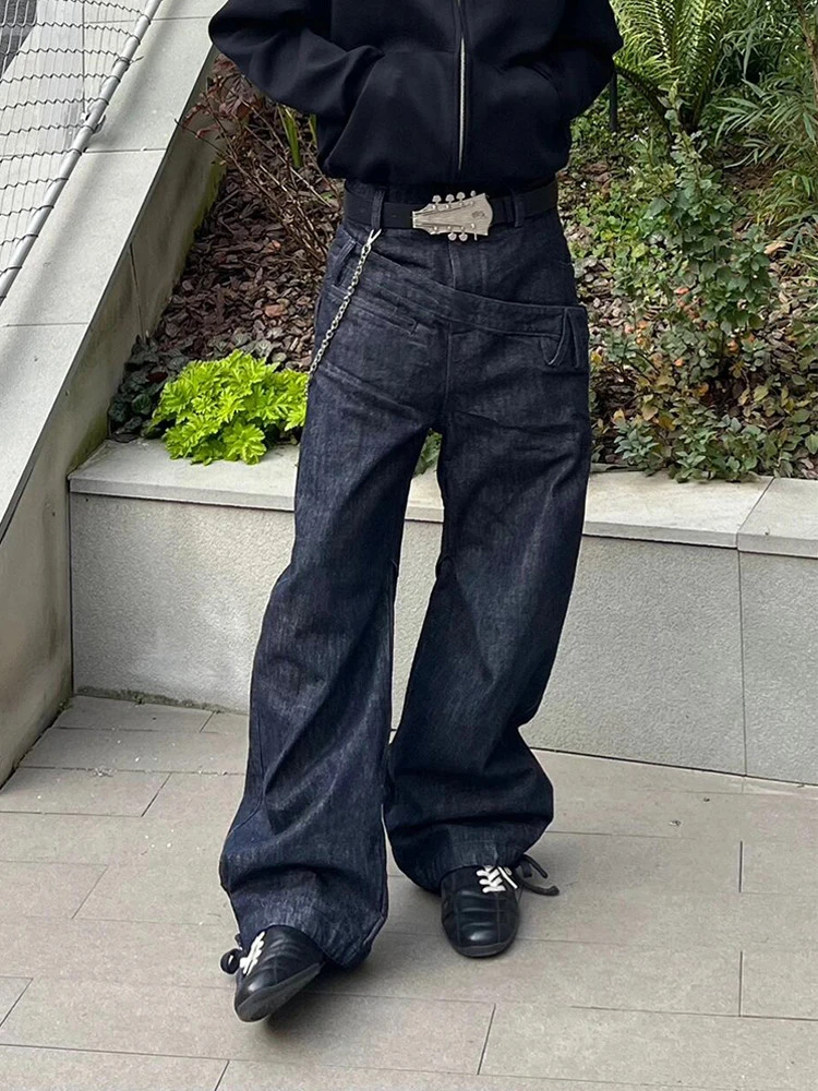 

Женские джинсы с двойной талией, широкие брюки, уличная одежда в стиле ретро, модные спортивные штаны, женские брюки унисекс с высокой талией