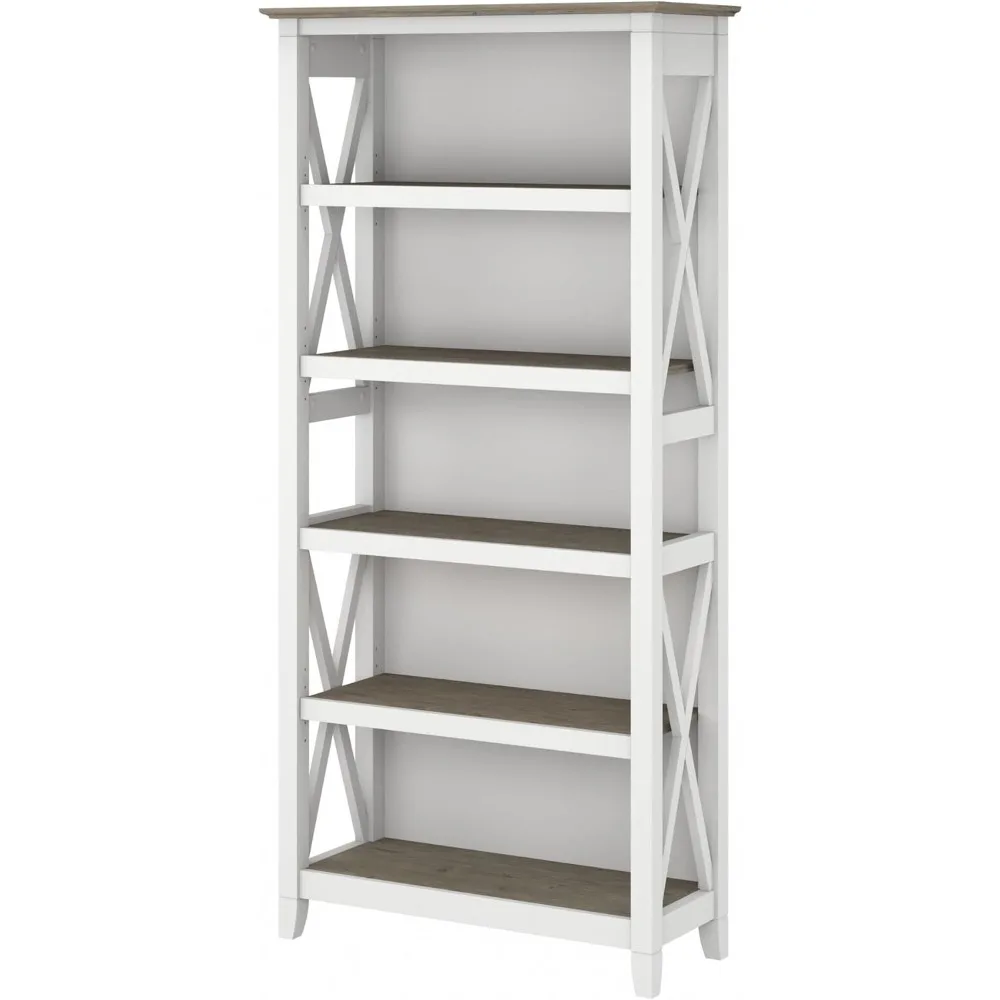 

contemporary 5-tier bookshelf in pure white for living spaces and offices, large capacity, modern farmhouse design, key west ins