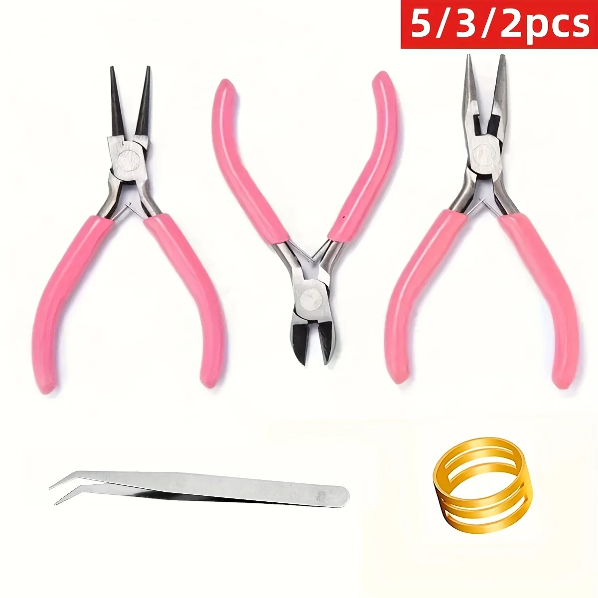 Kit d'outils de pinces à bijoux roses, comprend une coupe-fil rond à aiguille et une pince à nez incurvé pour la réparation de perles de bijoux, 5 pièces/3 pièces/2 pièces