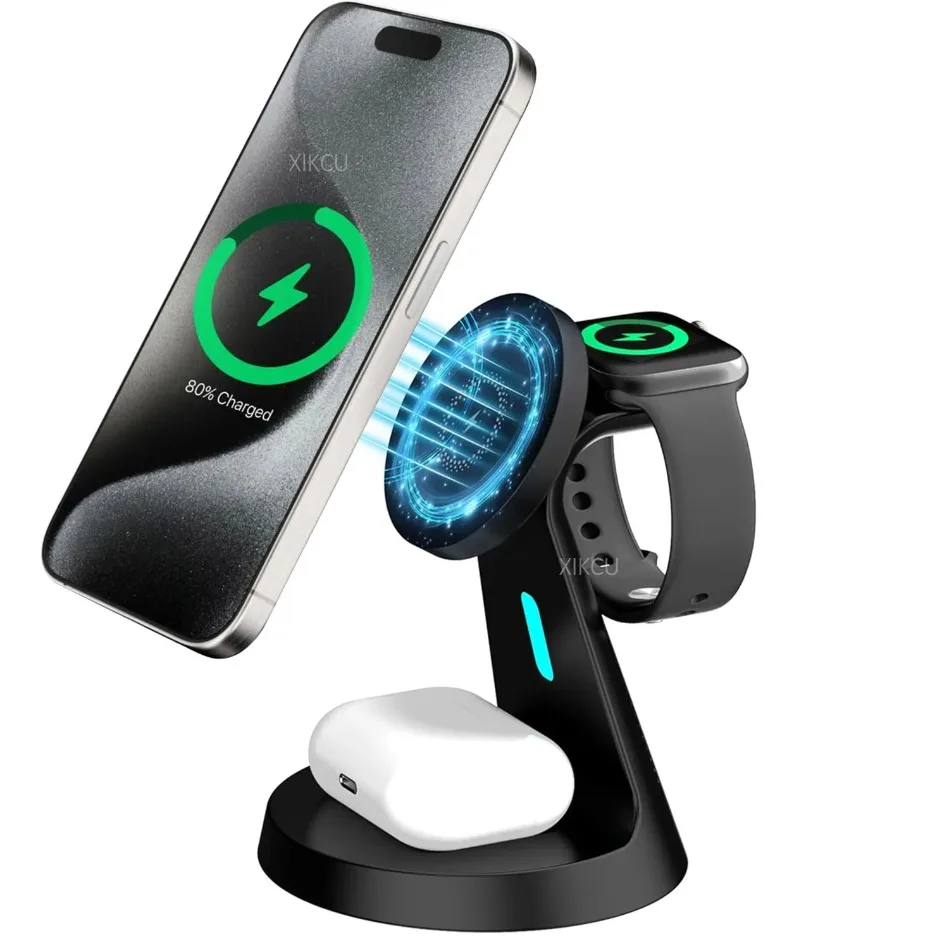 

Магнитная беспроводная зарядная станция 3-в-1 для MagSafe iPhone 17 16 15 14 13 12, Apple Watch 11-2, AirPods Pro 3/2 с быстрой зарядкой