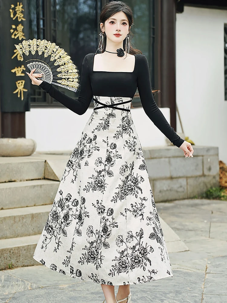 2025 White Floral Patchwork Black Sqaure Collar Long Dress Women Elegant Luxury Dress with Long Sleeve Autumn Winter Party Dress