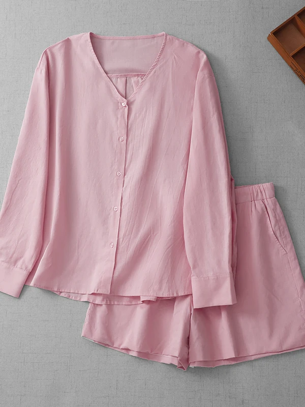 

Pink Cotton Linen Set Women Summer Loose V-neck Sun Protection Shirt Top Wide Leg Shorts Two-piece Set Casual Commute Style