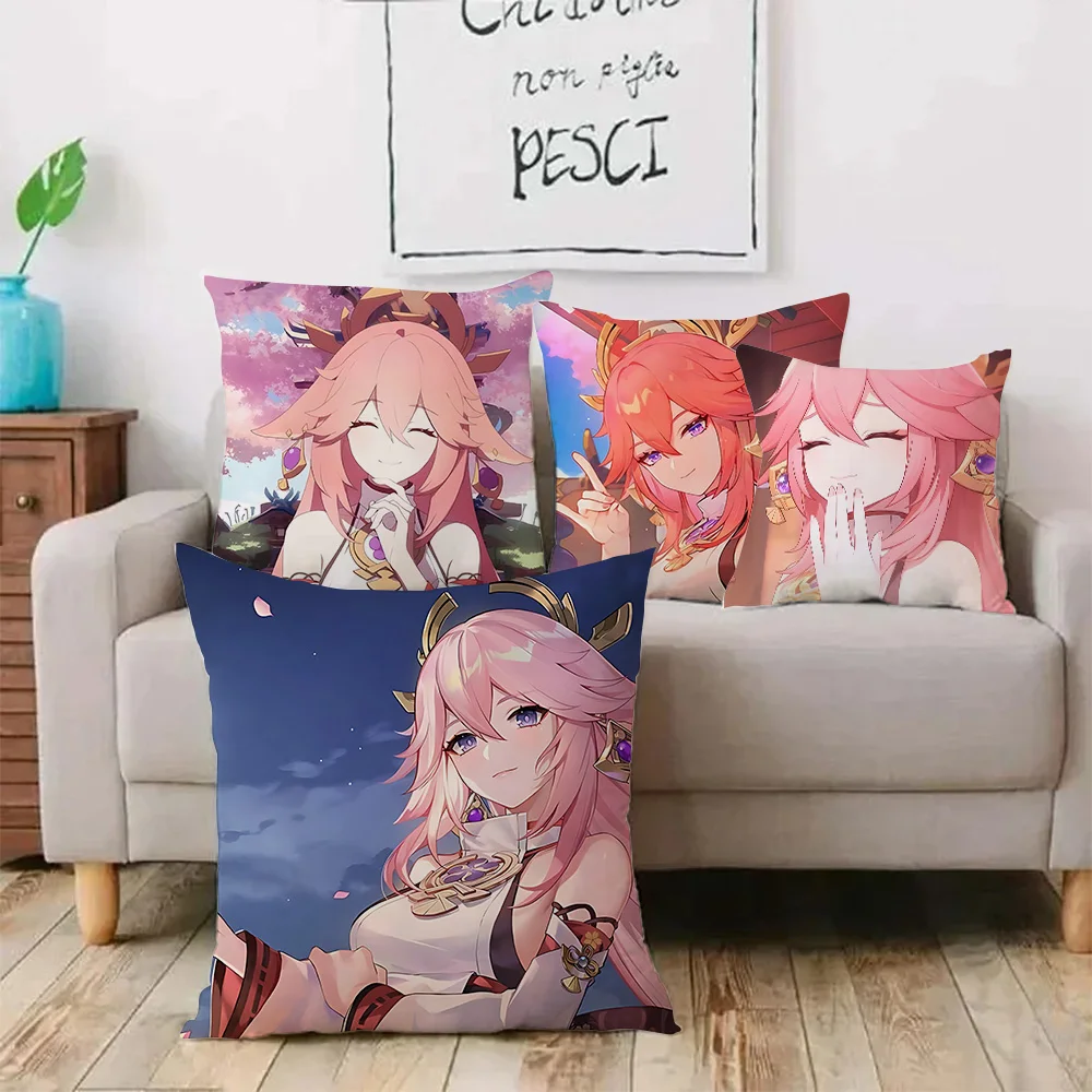 Yae Shrine Maiden Genshin Impact Pillow Covers Cartoon Sofa Decorative Home Double-sided Printing Short Plush Cute Cushion Cover