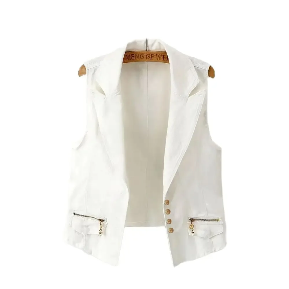 

Autumn Clothes Sleeveless Short Jeans Waistcoats Single-Breasted Hot Sale Gielt Female Tops Women Denim Vest Jacket Spring 6XL