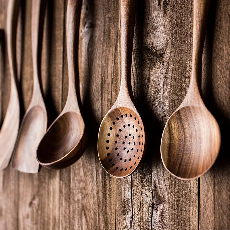 Natural Teak Cooking Spoon Scoop Kitchen Wooden Spatula Non-stick Utensils Set For Cooking With Hanging Hooks Cookware Tool
