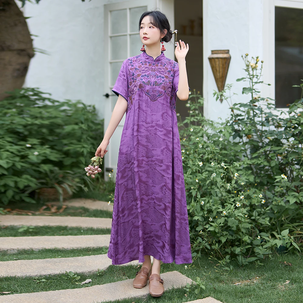 Retro étnico sle solto robe cetim bordado ort sve longo dr cintura alta a linha verão chinês faion tendência dr