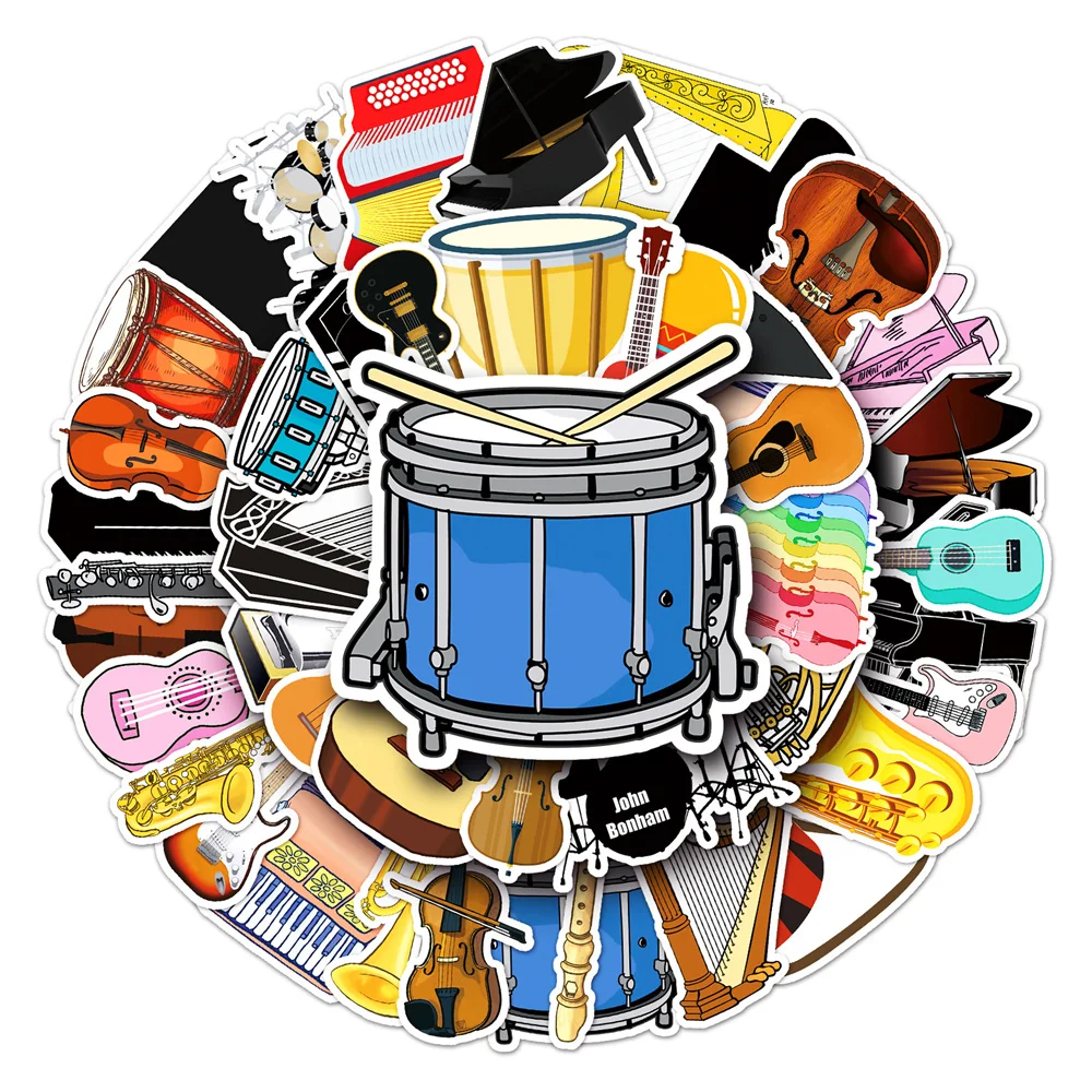 50PCS Cartoon Musical Instrument Guitar Drums Piano Sticker For Toys Luggage Laptop iPad Car Notebook Stickers