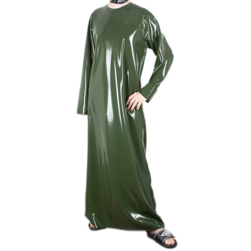 ที่กําหนดเองสีเขียวมะกอกเซ็กซี่PulloverยาวLatex Nightgrownไม่มีซิปยางชุดนอนRobe Nightgown
