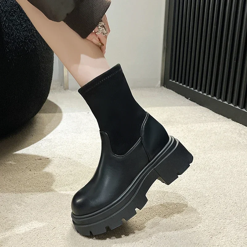 Zimowe damskie buty platformy z okrągłym czubkiem modne Chelsea Boots na obcasie damskie botki damskie Botines Chelsea