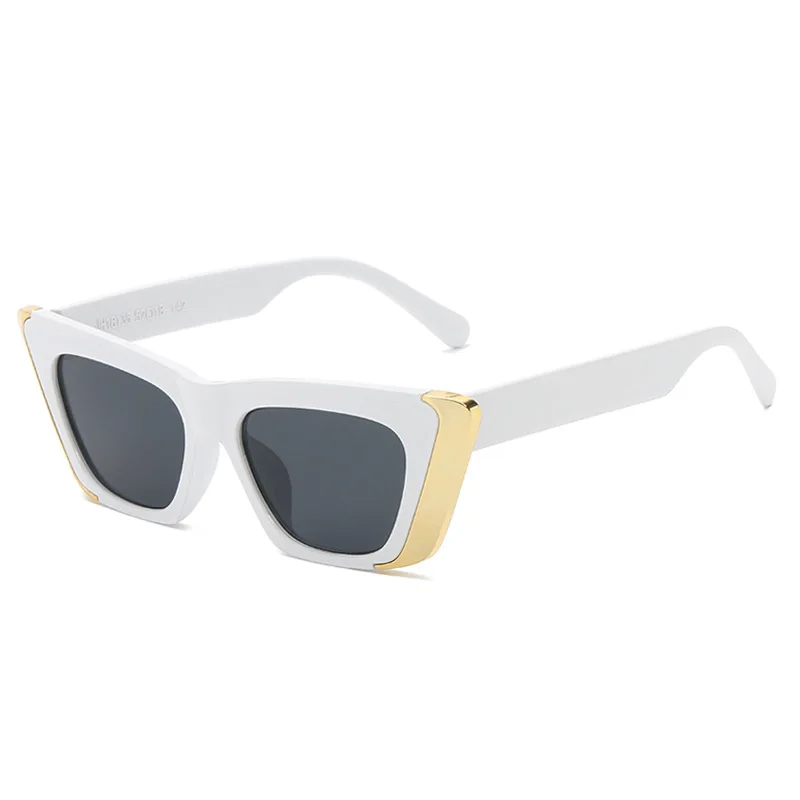  Retro Male Women Cat Eye Square Sunglasses White Frame with Golden Side Decoration UV400 Protection for Beach Driving Photoshoo