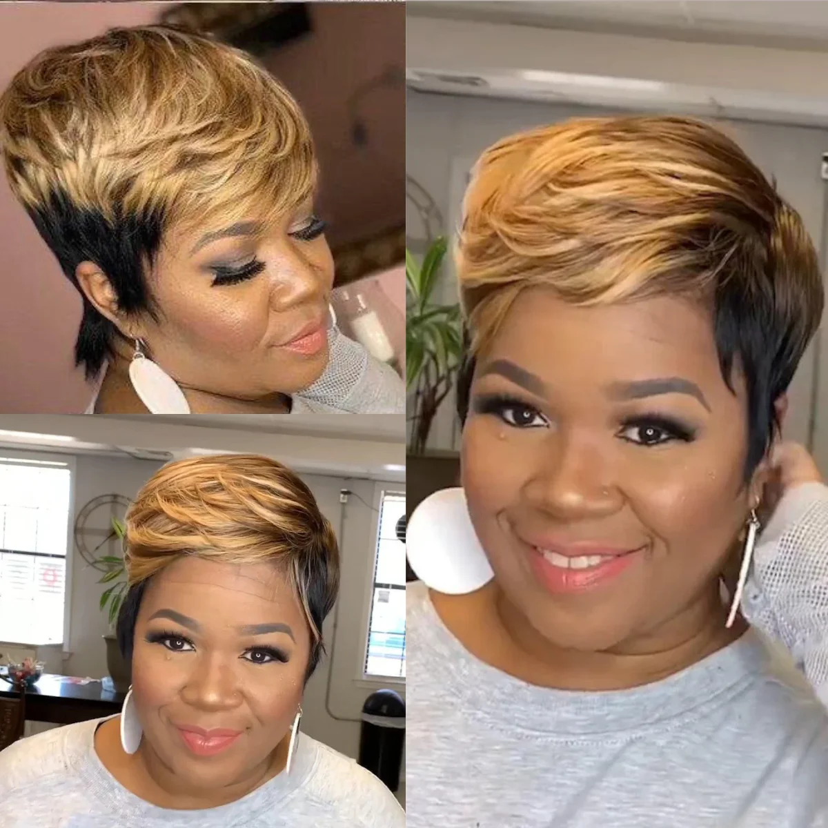 

Ombre Black Brown Honey Blonde Gold Highlight Short Straight Pixie Cut With Bangs Synthetic Hair Bob Wigs Hair For Black Woman