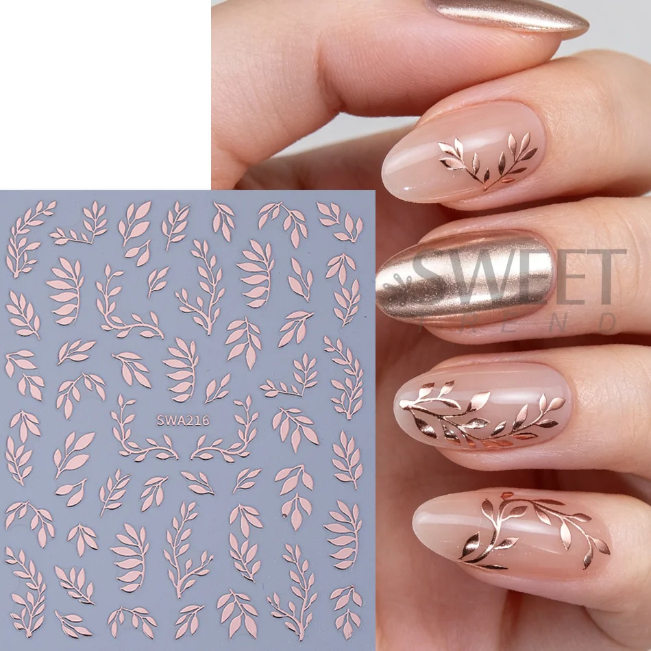3 Stück Bronzefarbene Blätter-Nagelaufkleber Roségold Silber Gold Einfaches Design Selbstklebende Nagelsticker Elegante Maniküre-Dekoration – Detail 5