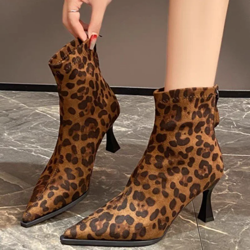 2024NEW  Ankle Boots Leopard Women Pointed Toe Ladies Chunky High heel Female Shoes Footwear Plus Size