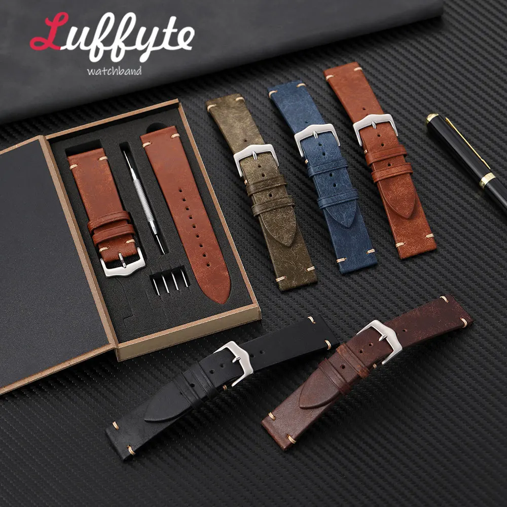 Men Matte Texture Watch Strap 20mm 22mm with Gift Packing Box Retro Business Calfskin Genuine Leather Wristband