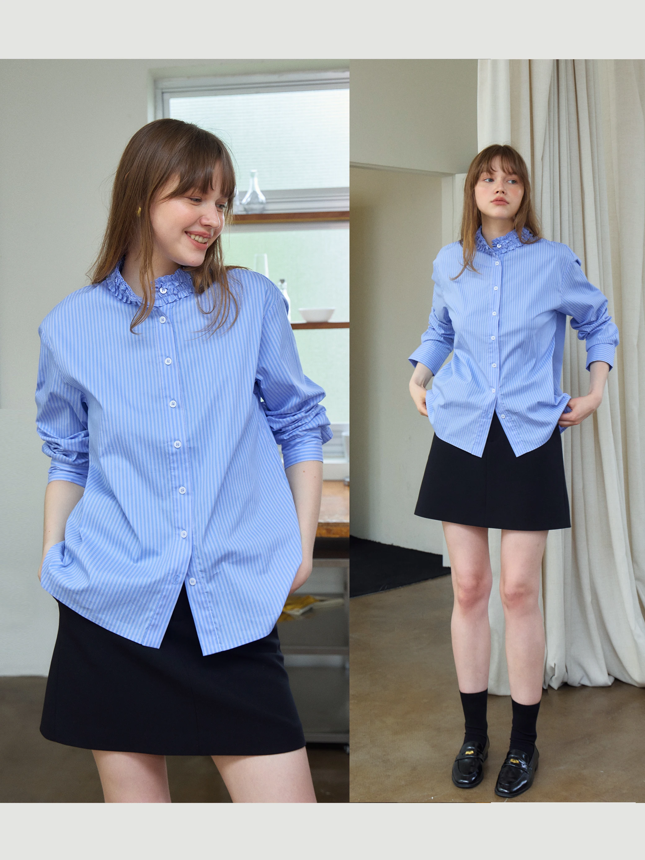 Retro Flounce Stand Collar Slimming Blue Striped Loose Women's Shirt Casual Style Long Sleeve Cotton Blend Xumooxii