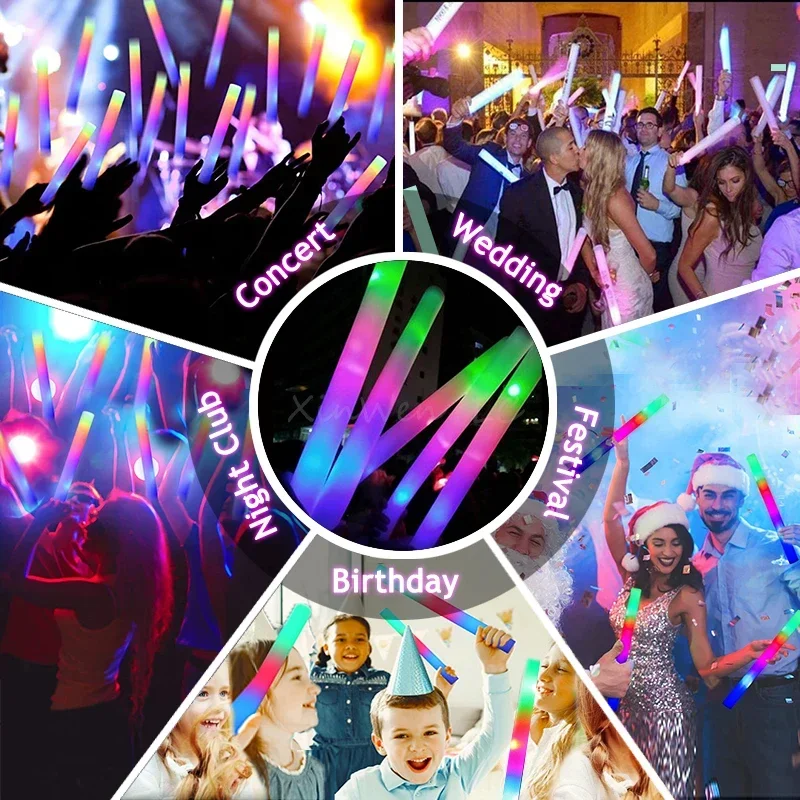30/40/60/80/100/120Pcs RGB LED Glow Foam Stick Bulk Colorful LED Glow Sticks  Tube Dark Light Birthday Wedding Party Supplies