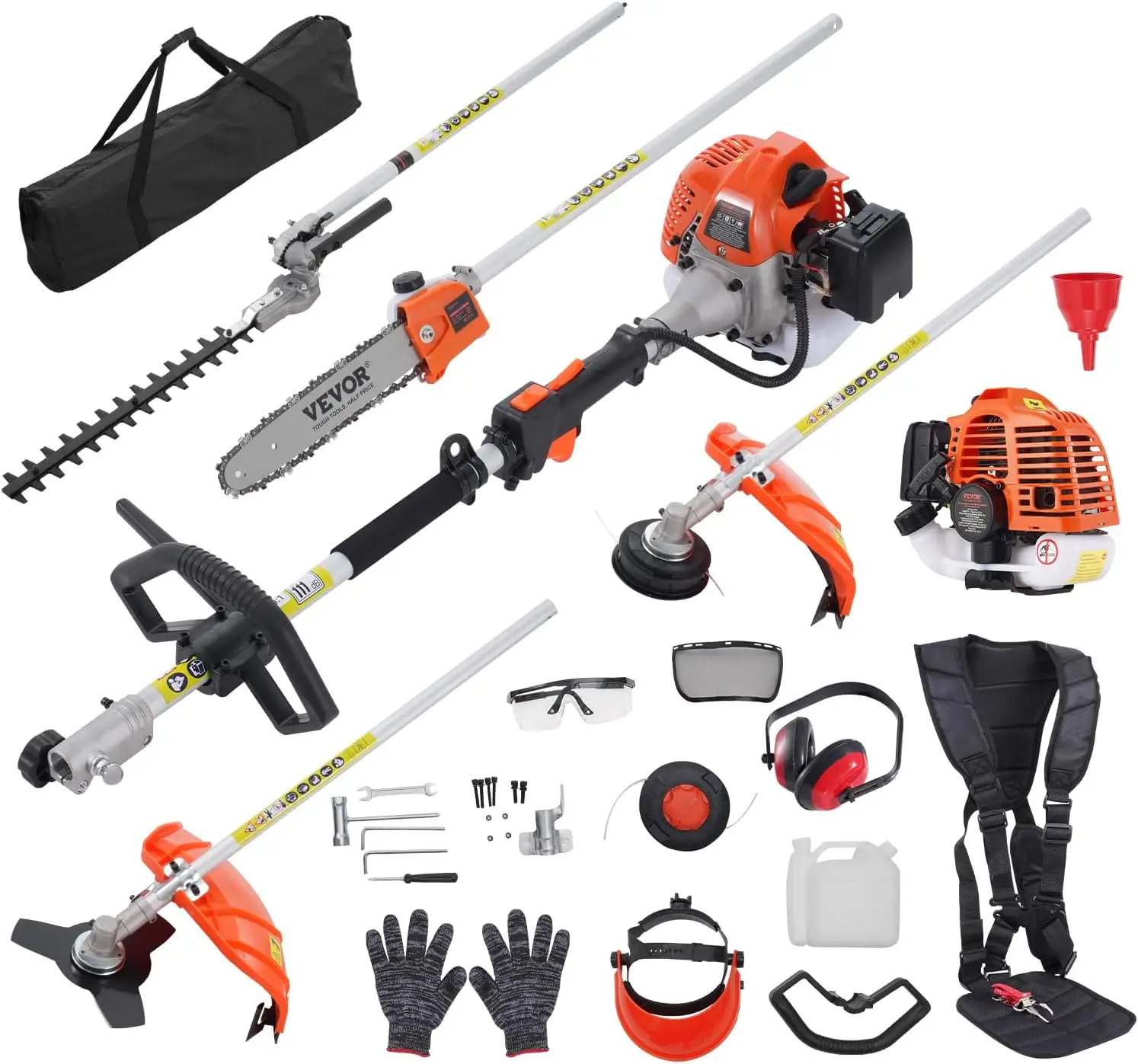 5-in-1 26cc 2 Cycle Gas Powered Dual Sided Hedge Trimmer, Weed Eater, String Trimmer, Edger, Pole Saw Chainsaw Pruner with