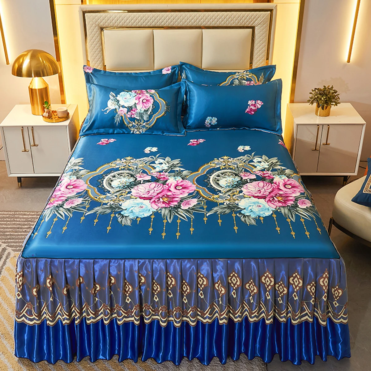 3 Pcs Blue Floral Skirt Bedding Set Garden Aesthetics Flower Rufled Mattress Pad Sheet Set Include Bed Skirt with 2 Pillowcases