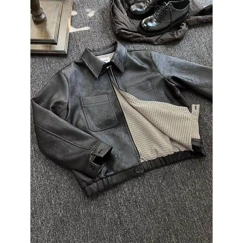 

Desertoo Men's Biker Sle Double-Sided Wear Craed Leather Jaet Spring Autumn Flip Collar Hunting Leather Coat Faionabl...