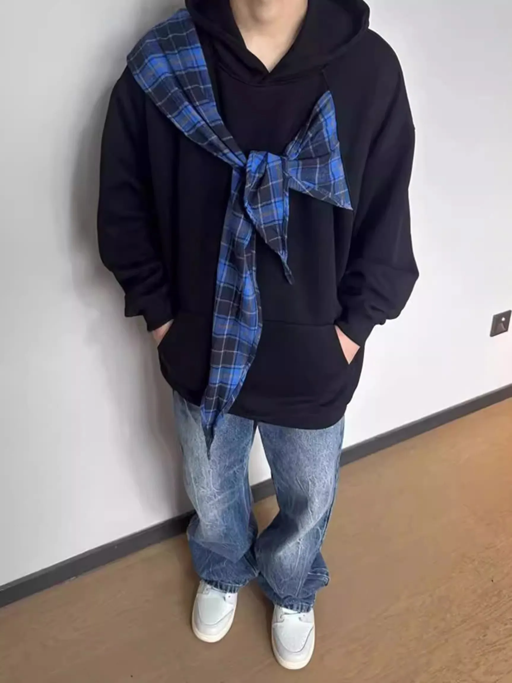 الأمريكية شارع العليا منقوشة awl وهمية قطعتين هوديي الرجال فضفاض الوزن الثقيل القطن الخالص Jaet الخريف الشتاء العلامة التجارية العصرية