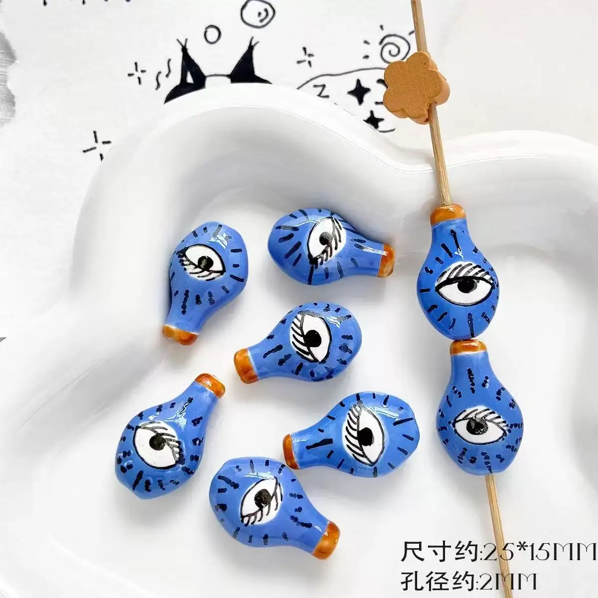 2/3pcs Moon Eyes Love Heart Hand painted Ceramic Blue Vase Shape Straight Hole Beads DIY Beaded Bracelet Necklace Earrings