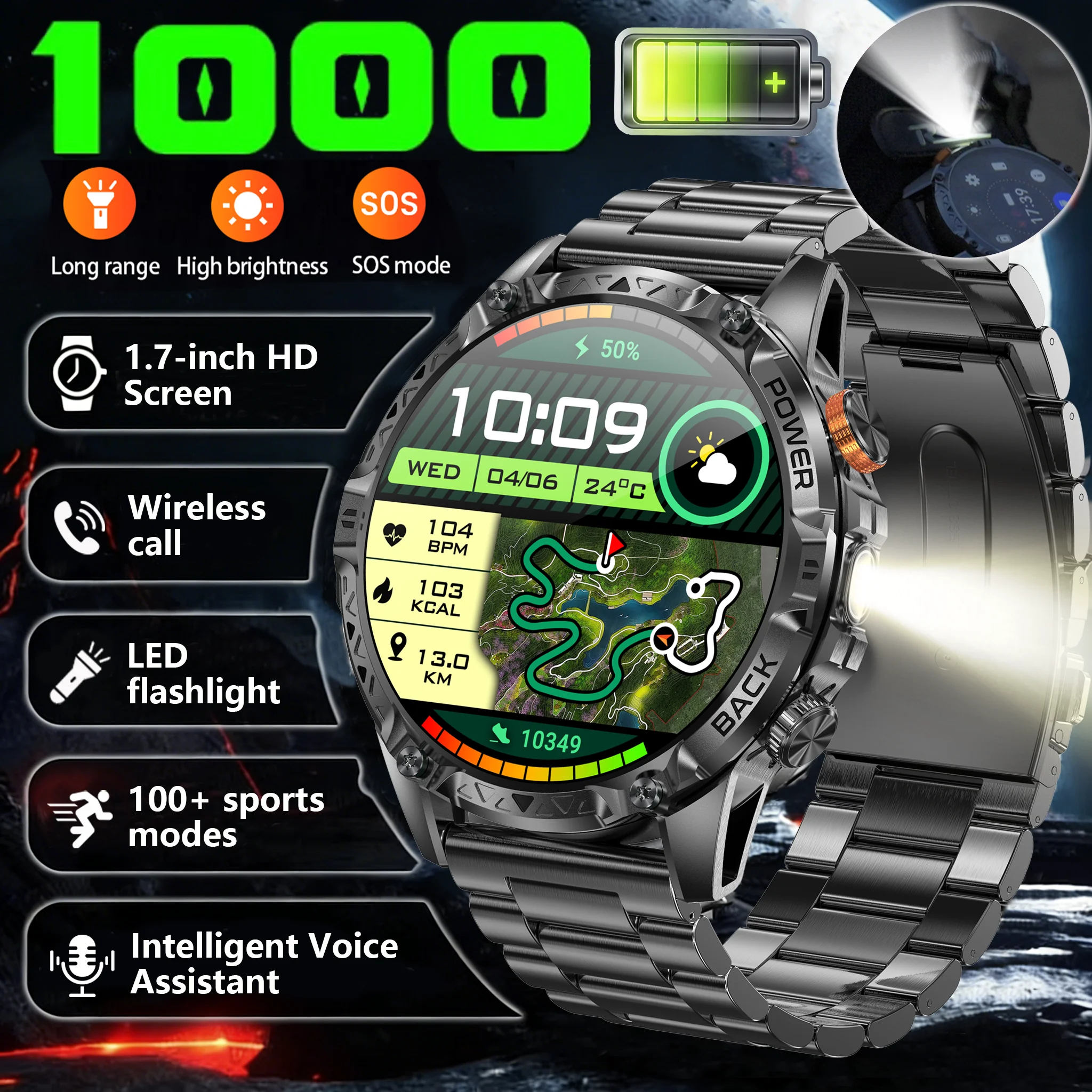 

Смарт-часы для активного отдыха 2026 года, аккумулятор 1000 мАч, более 100 спортивных режимов, встроенный фонарик, компас, беспроводная связь.