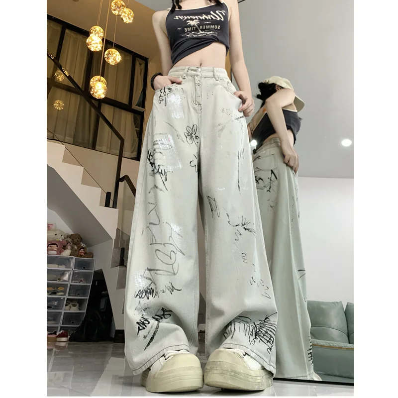 

Graffiti Womens Jeans High Waist Vintage Straight Baggy Denim Pants Street Hiphop American Style Casual Wide Leg Denim Trouser