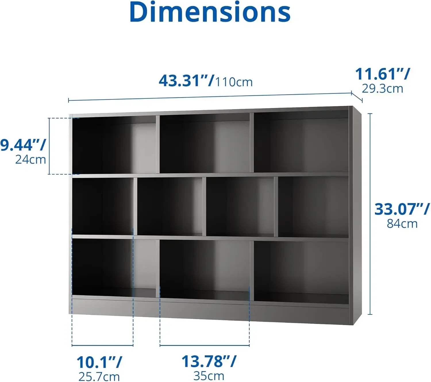 Nordic Bookshelf Black, 3-Tier Open Bookcase, Freestanding Horizontal Boo, 10 Cube Storage Organizer with Anti-Tilt Device