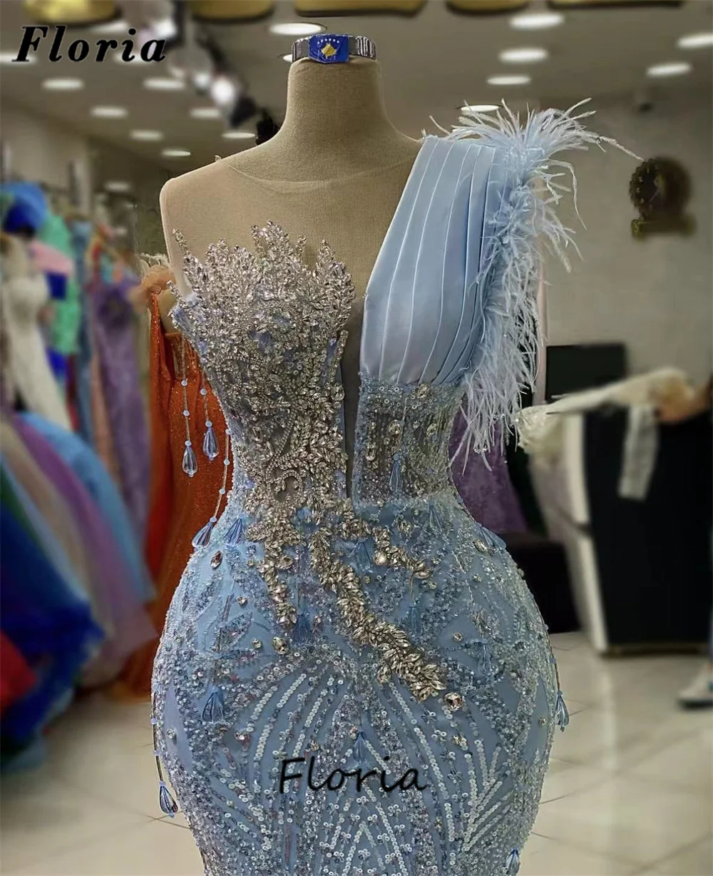 Blue Mermaid Evening Dresses Customized Beaded Crystals Celebrity Dress Feathers Special Occasion Dress Dubai Long Party Gowns