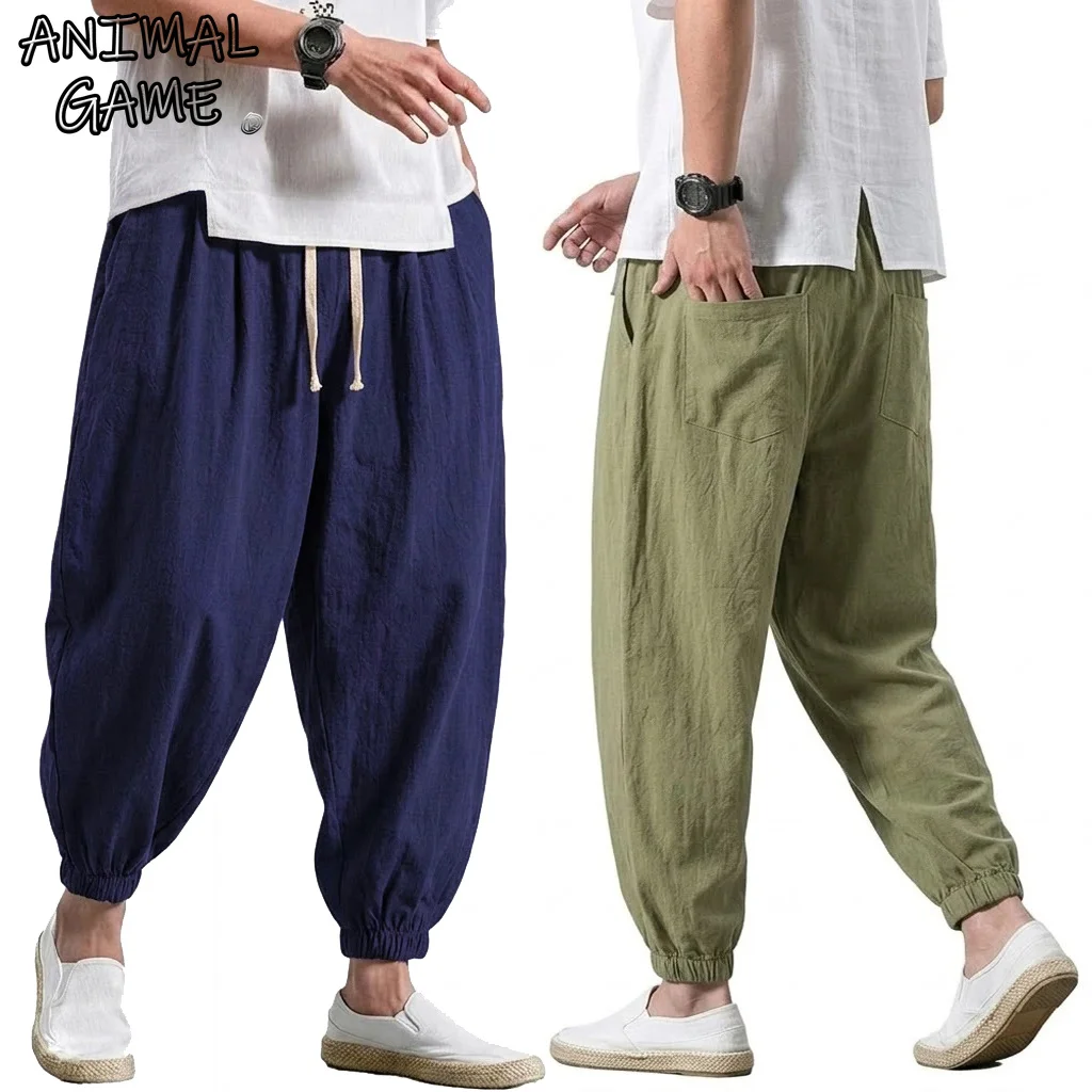 Koreanische Herren-Haremshose, lockere Baumwoll-Leinen-Hose, leichte Jogginghose, Herren-Jogger, Baggy-Hose, lässige Wanderhose für Männer