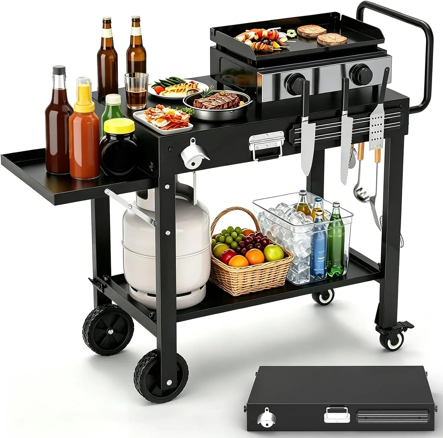 Portable Grill Table for Blackstone Griddle, Grill Cart with Caddy | Folding, Waterproof, Sturdy, Griddle Stand Fit 17 & 22