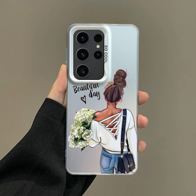 Case For Samsung A56 A36 A26 A24 A16 A14 A12 A32 A50 A70 A22 A30 A34 A54 A52 5G A06 4G Silver IMD Cover Girl Women Coffee Miss