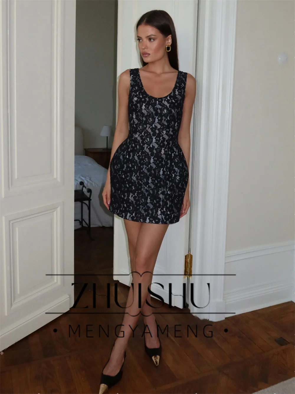 ZHUISHU Black Sleeveless Bodycon Prom Dresses U Neck Lace Homecoming Dresses Delicate Appliques Cocktail Party Gowns Customized