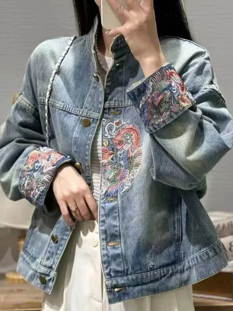 

Embroidery Denim Jacket Women Chinese Vintage Coat Female High Street Casual Loose Cropped Outwear Stand Collar New FRE-9698