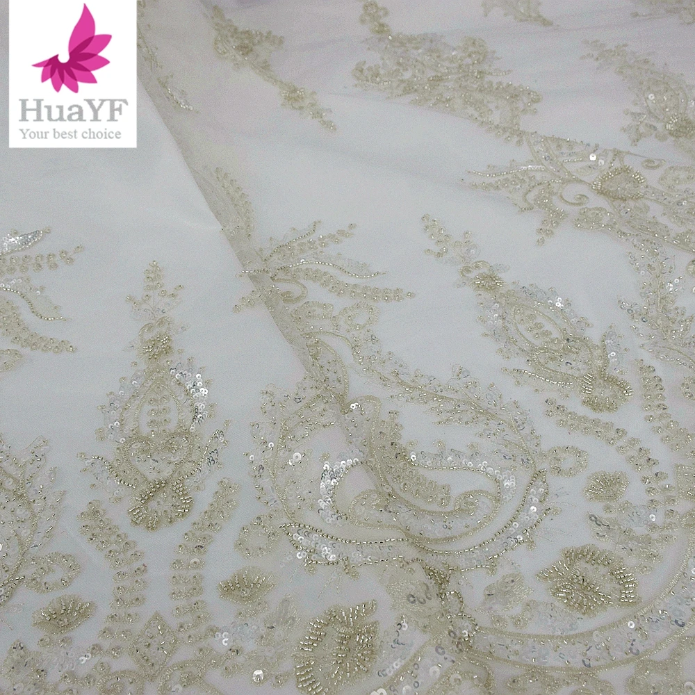 Luxury white French embroidered lace bridal lace fabric, European and American high-end bead tube sequin fashion we Sell By Yard